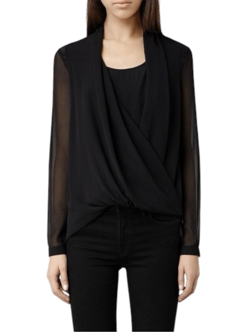 All Saints Black Draped Sheer-Sleeve Blouse